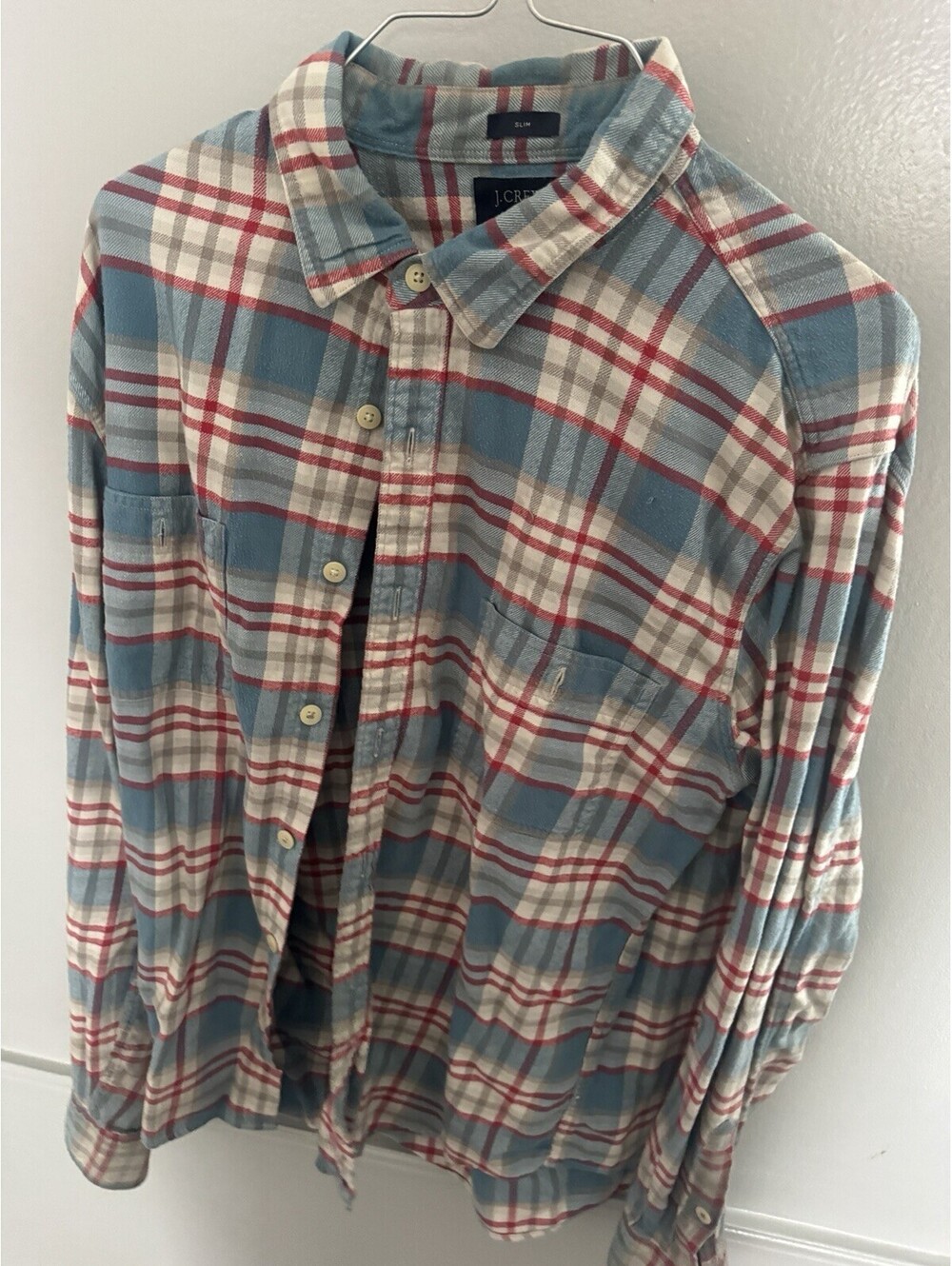 J Crew Flannel Shirt Mens XL Slim Fit Plaid Long Sleeve Button Front Blue Red